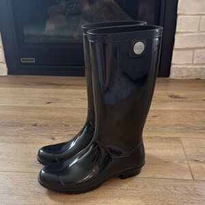 UGG Women's Glossy Black Tall Rain Boots with Logo Accent